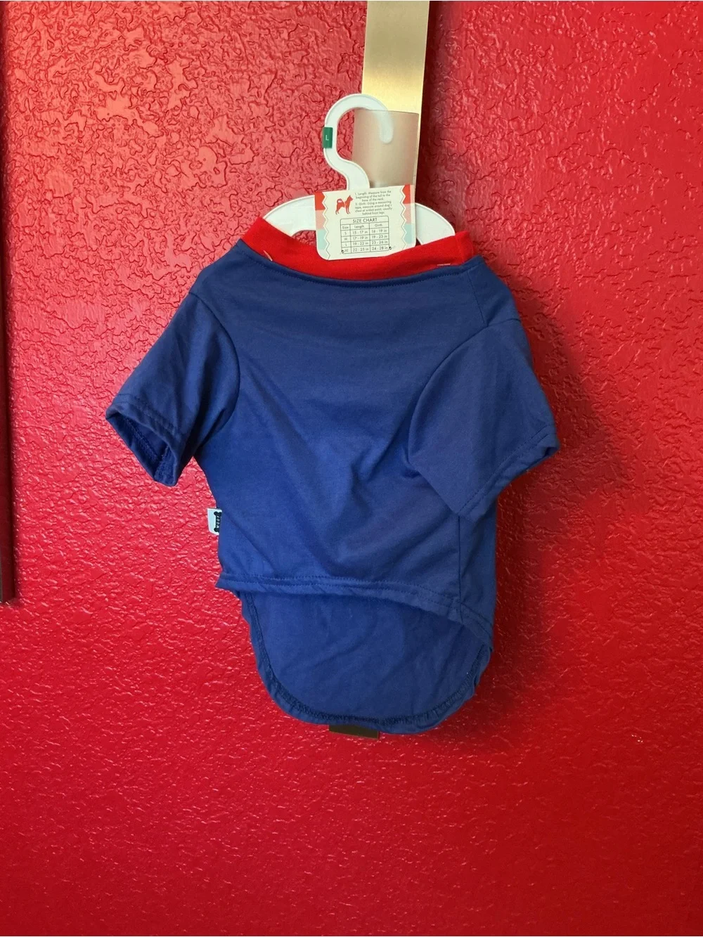 Pet T-shirt Woof Firecracker patriotic blue base with red trim and accents. Sz L